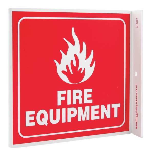 Zing Fire Equipment Sign, 7 in Height, 7 in Width, Plastic, L-Shape Projection, English 2557