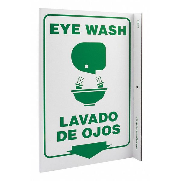 Zing Eye Wash Sign, 11" Height, 8" Width, Plastic, L-Shaped, English, Spanish 2617