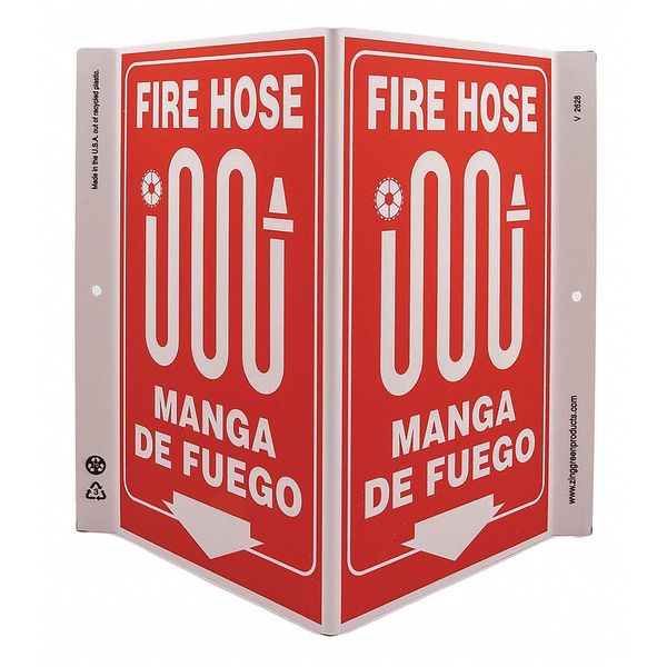Zing Fire Hose Sign, 11 in Height, 7 in Width, Plastic, V-Shape Projection, English, Spanish 2628