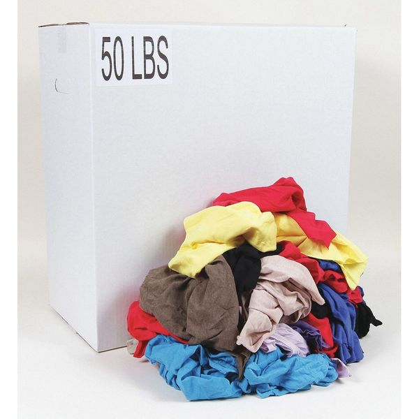 Zoro Select Recycled Cotton T-shirt Cloth Rags, Assorted Colors and Sizes, 50 lbs G342050PC