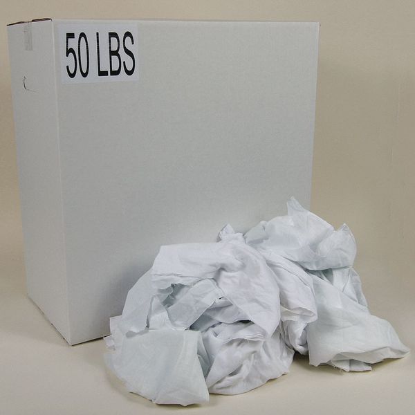 Zoro Select Recycled Cotton Sheeting Cloth Rags, 50 lb Box, Sizes Vary, White G211050PC