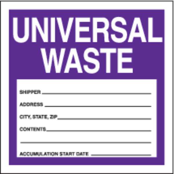 Accuform Haz Waste Label, Universal Waste, 6x6 in, Poly, 250/RL MHZW16EVL