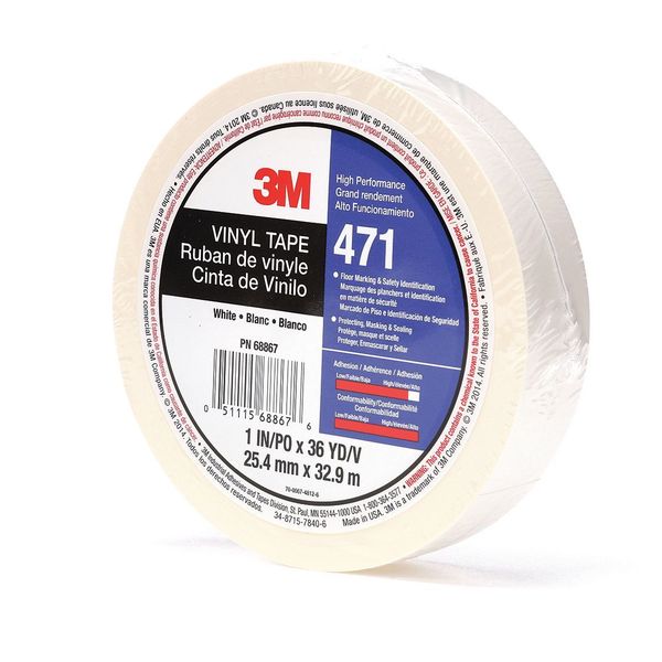 3M Floor Marking Tape, 1In W, 108 ft. L, White 471