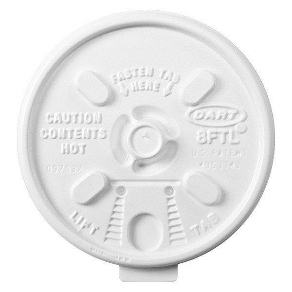 Dart Lid for 8 oz. Hot Cup, Flat, Lock Back Tear Tab, White, Pk1000 8FTL