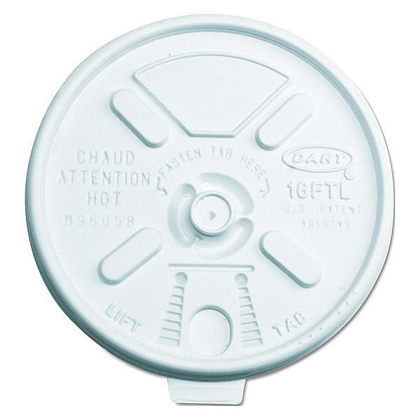 Dart Lid for 6 to 14 oz. Hot Cup, Flat, Lock Back Tear Tab, White, Pk1000 12FTL