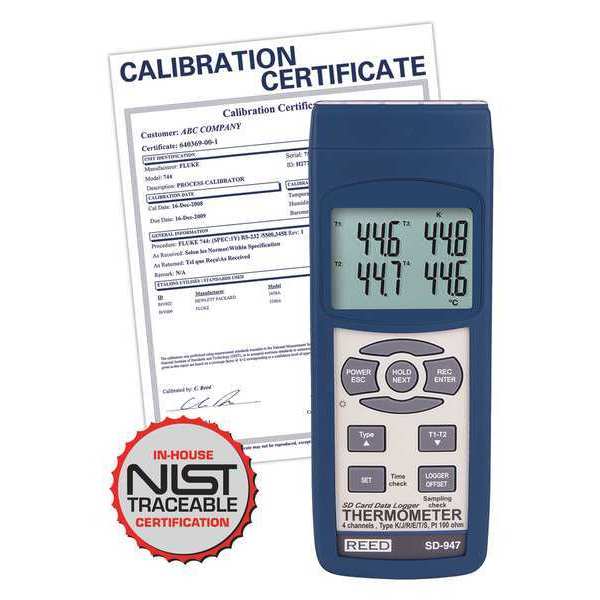 Reed Instruments SD Series Thermocouple Thermometer, Data logger, 4 Channel, Type K, J, R, S, E, T and RTD, with NIST Calibration Certificate SD-947-NIST