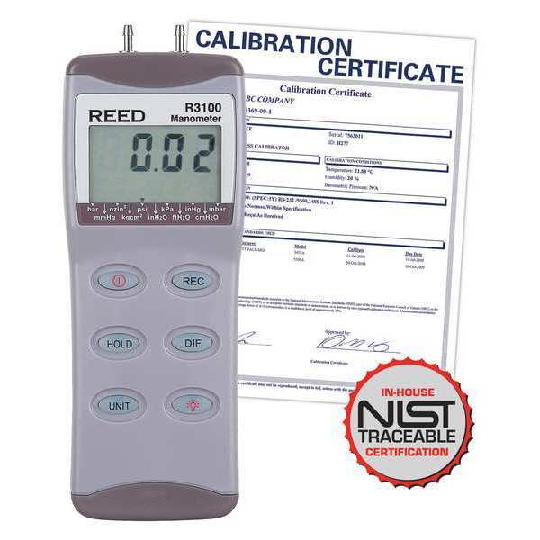 Reed Instruments Digital Manometer, Gauge / Differential, 100psi with NIST Calibration Certificate R3100-NIST