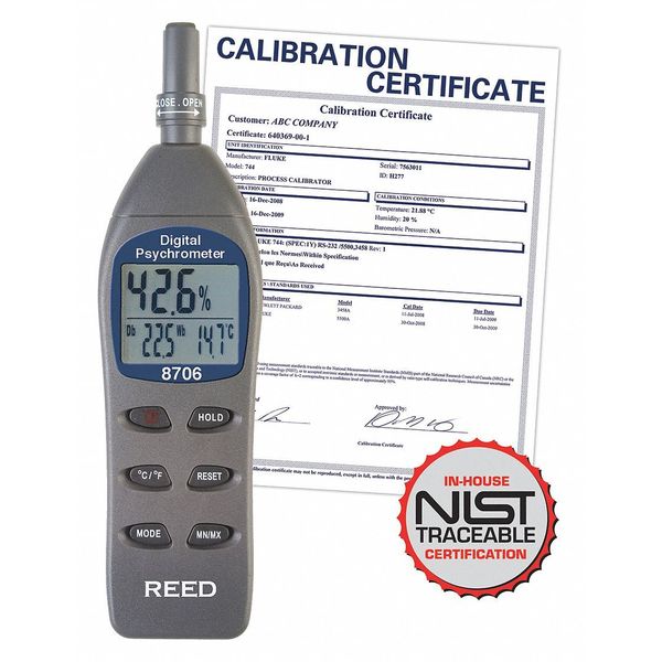 Reed Instruments Digital Psychrometer / Thermo-Hygrometer, (Wet Bulb, Dew Point, Temperature, Humidity) with NIST Calibration Certificate 8706-NIST
