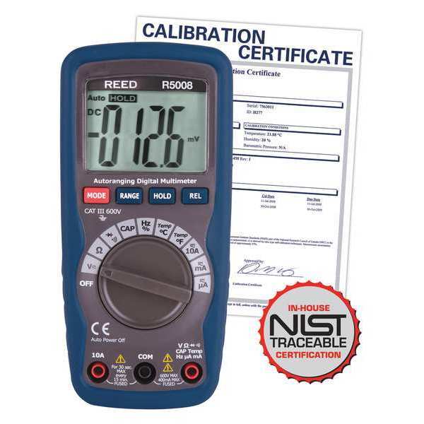 Reed Instruments Compact Digital Multimeter with Temperature and NIST Calibration Certificate R5008-NIST