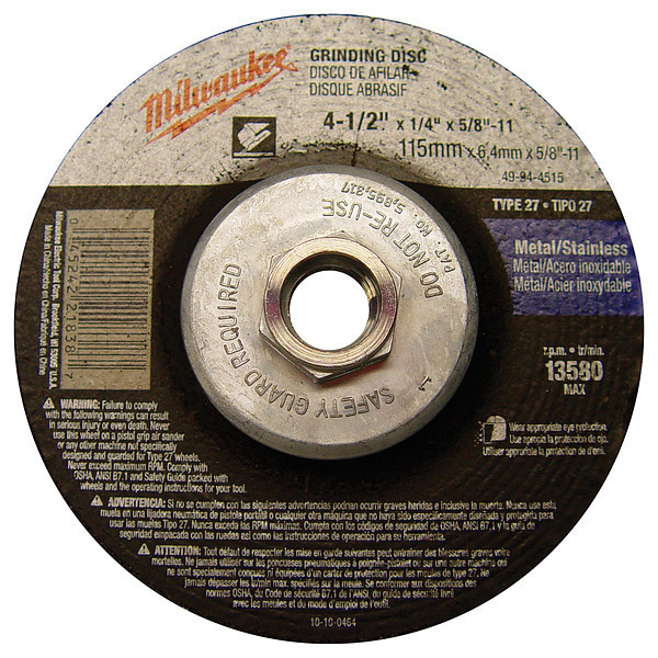 Milwaukee Tool 4-1/2" x 1/4" x 5/8-11" Grinding Wheel (Type 27) 49-94-4515