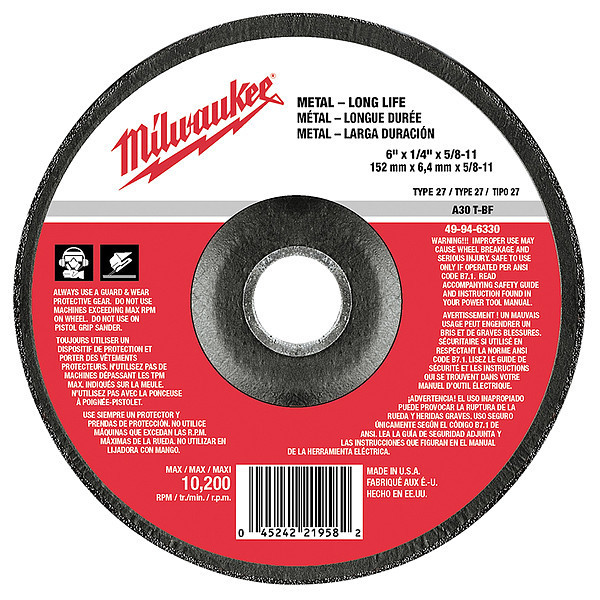 Milwaukee Tool 6" x 1/4" x 5/8-11" Grinding Wheel (Type 27) 49-94-6330