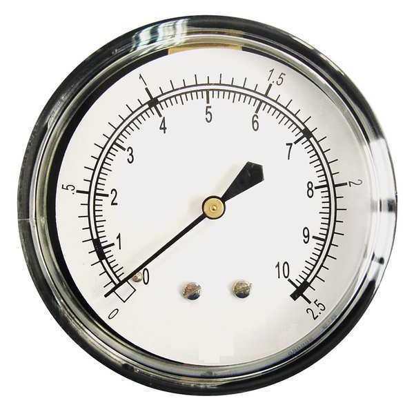 Zoro Select Pressure Gauge, 0 to 10 in wc, 1/4 in MNPT, Steel, Black 18C798