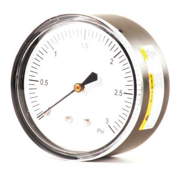Zoro Select Pressure Gauge, 0 to 3 psi, 1/4 in MNPT, Steel, Black 18C789