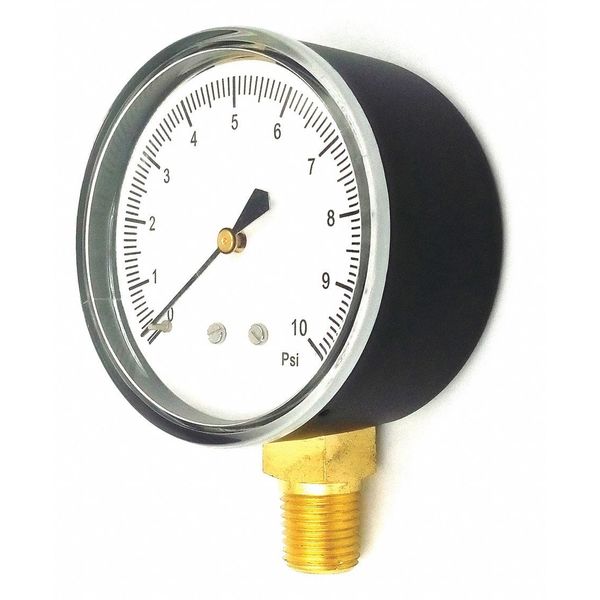 Zoro Select Pressure Gauge, 0 to 10 psi, 1/4 in MNPT, Steel, Black 18C775