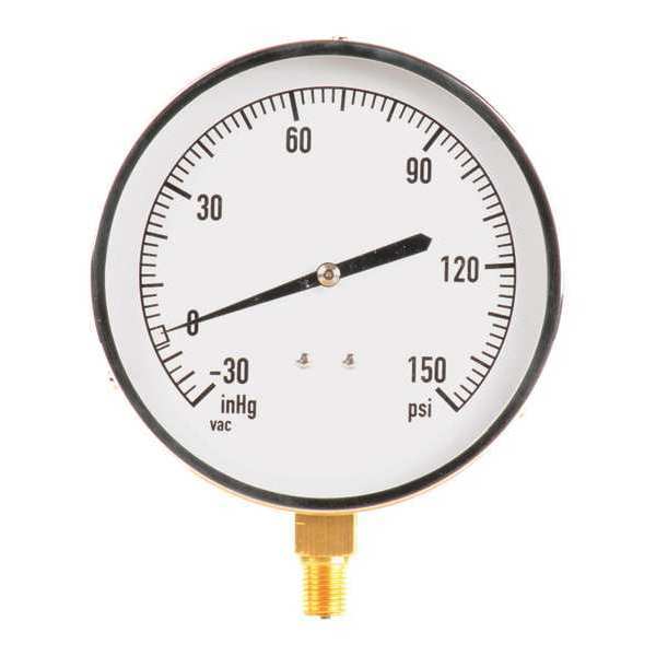 Compound Gauge, -30 to 0 to 150 in Hg/psi, 1/4 in MNPT, Stainless Steel,  Silver