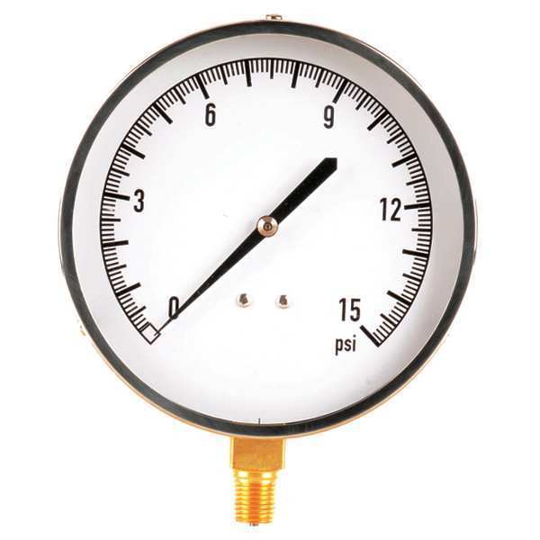 Zoro Select Pressure Gauge, 0 to 15 psi, 1/4 in MNPT, Stainless Steel, Silver 18C746