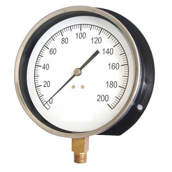 Zoro Select Pressure Gauge, 0 to 200 psi, 1/4 in MNPT, Plastic, Black 18C768