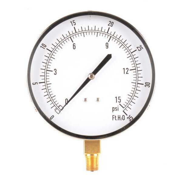Zoro Select Pressure Gauge, 0 to 15 psi, 1/4 in MNPT, Stainless Steel, Silver 18C808