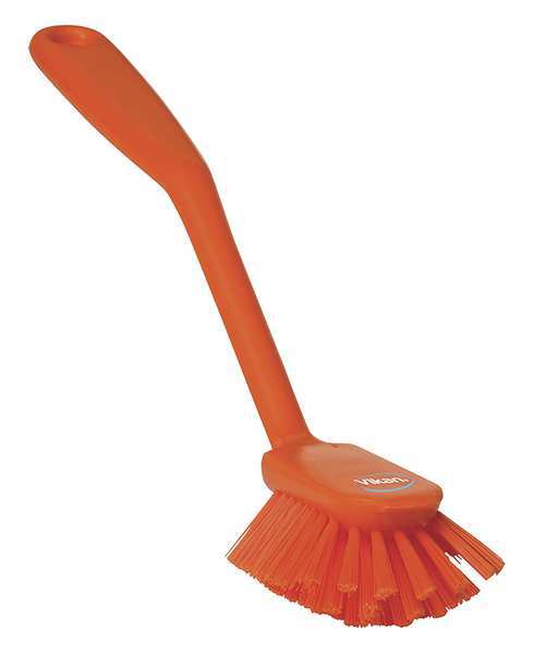 Vikan 2 25/64 in W Dish Brush, Medium, 8 in L Handle, 3 1/8 in L Brush, Orange, Plastic 42377