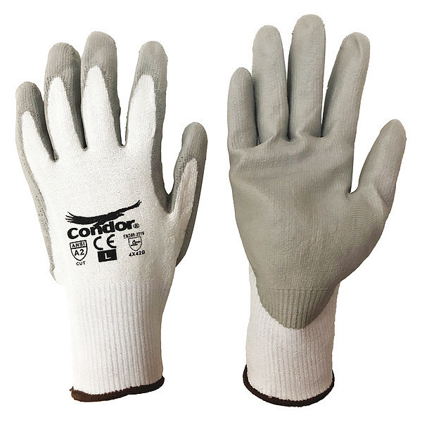 Condor Cut Resistant Coated Gloves, A2 Cut Level, Polyurethane, L, 1 PR 19L418