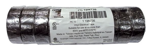 Zoro Select Vinyl Electrical Tape, 3/4 in W x 20 ft L, 7 mil thick, Black, 10 Pack 19N736