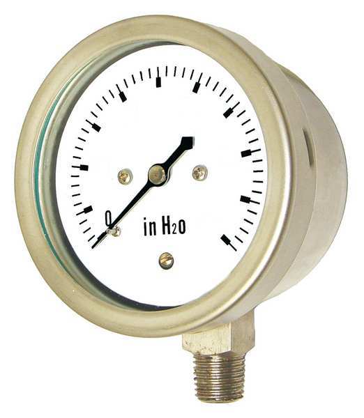Pic Gauges Pressure Gauge, 0 to 30 in wc, 1/4 in MNPT, Stainless Steel, Silver LP1-SS-254-30