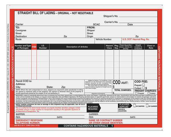 Jj Keller Hazmat Bill of Lading Forms, Hazmat, PK500 12463