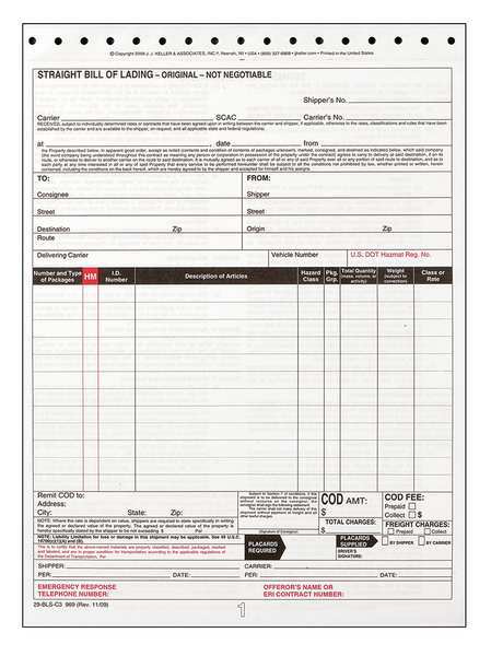 Jj Keller Bill of Lading Form, Reg Compliance, PK250 969