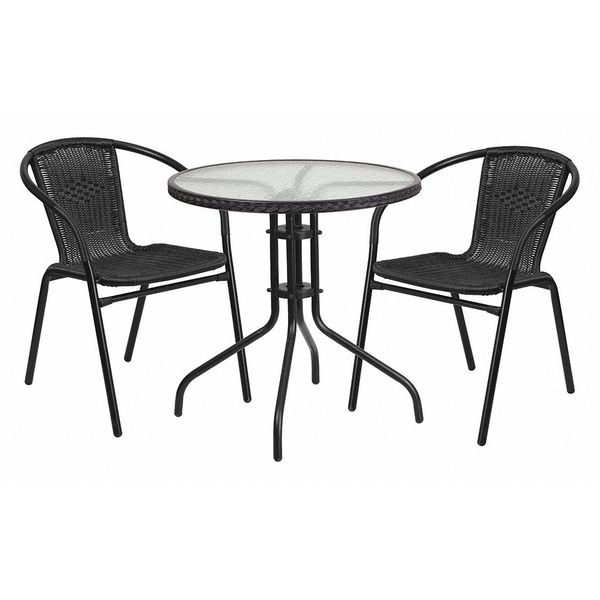 Flash Furniture Round Glass Table w/2 Blk Rattan Chrs, Rnd, 28", 28.75 W X 28.75 L X 28 H, Clear TLH-087RD-037BK2-GG