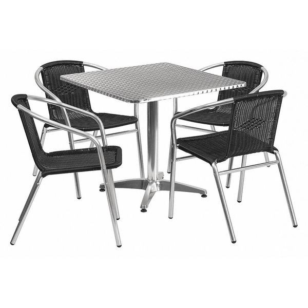 Flash Furniture Square Table Set, 31.5 W, 31.5 L, 27.5 H, Aluminum, Plastic, Rattan, Stainless Steel Top, Grey TLH-ALUM-32SQ-020BKCHR4-GG
