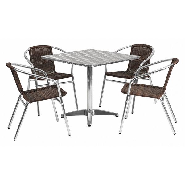 Flash Furniture Square Table Set, 31.5 W, 31.5 L, 27.5 H, Aluminum, Plastic, Rattan, Stainless Steel Top, Grey TLH-ALUM-32SQ-020CHR4-GG