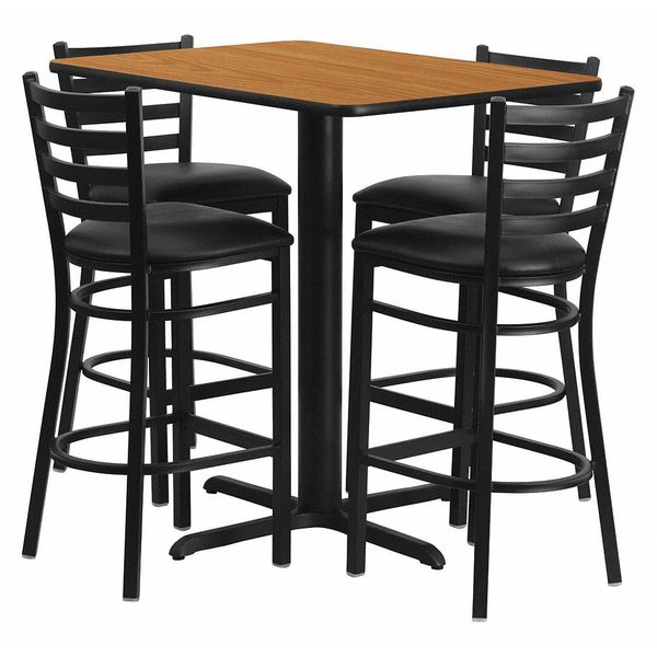 Flash Furniture Nat Bar Table, Rectngl w/X-Base, Blk Seats, 24" W, 42" L, 42" H, Laminate Top, Wood Grain HDBF1019-GG