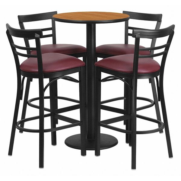 Flash Furniture Ntural Bar Table, Rnd Base, Burg Seats, 24", 24" W, 24" L, 42" H, Laminate Top, Wood Grain RSRB1039-GG