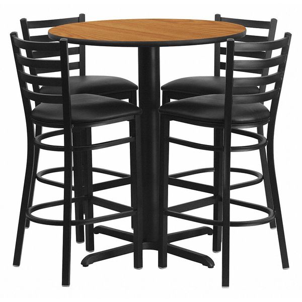 Flash Furniture Natural Bar Table, X-Base w/Black Seats, 30" W, 30" L, 42" H, Laminate Top, Wood Grain HDBF1023-GG