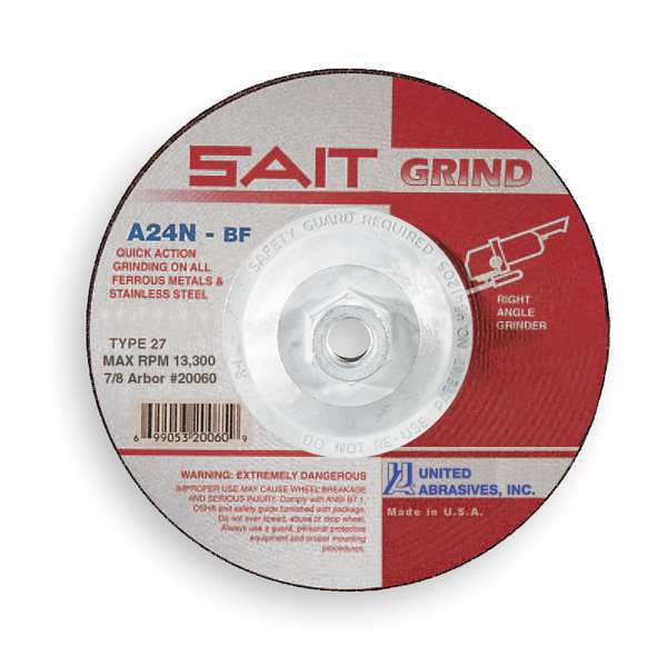 United Abrasives/Sait Depressed Center Grinding Wheel, 27, 7" Dia, 1/4" Thick, 5/8"-11 Arbor Hole Size, Aluminum Oxide 20085