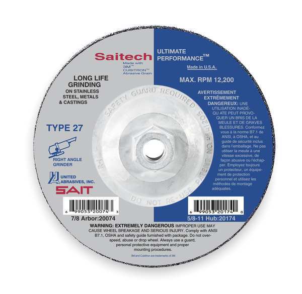 United Abrasives/Sait Depressed Center Grinding Wheel, 27, 7" Dia, 1/4" Thick, 5/8"-11 Arbor Hole Size, Ceramic 20089