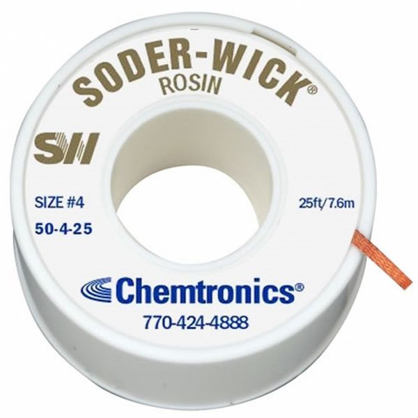 Chemtronics Desoldering Wick, 25 ft., 4, Copper, Rosin 50-4-25