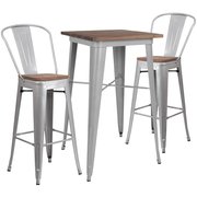 Flash Furniture Square Silver Metal Bar Table Set with W, 26" W, 26" L, 42" H, Wood Top, Wood Grain CH-WD-TBCH-2-GG