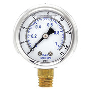 Pic Gauges Pressure Gauge, 0 to 15 psi, 1/4 in MNPT, Stainless Steel, Silver 201L-204B