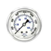 Pic Gauges Pressure Gauge, 0 to 1500 psi, 1/4 in MNPT, Stainless Steel, Silver PRO-202L-254N