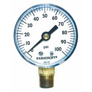Ashcroft Pressure Gauge, 0 to 100 psi, 1/4 in MNPT, Plastic, Black 20W1005PH02L100#