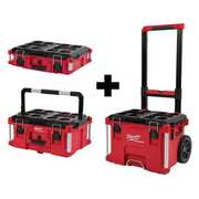 Milwaukee Tool PACKOUT Rolling Tool Box + Large Tool Box + Tool Box, Polymer, Black/Red, 22 in W x 19 in D 48-22-8424, 48-22-8425, 48-22-8426