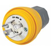 Hubbell Watertight Locking Plug, NEMA L16-30P, 30 A, 480V AC, 3 Poles, 4 Blades, Yellow HBL28W76