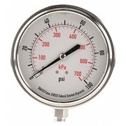 Zoro Select Pressure Gauge, 0 to 100 psi, 1/4 in MNPT, Stainless Steel, Silver 4CFJ9