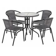 Flash Furniture Round Table Set, 28.75 W, 28.75 L, 28 H, Aluminum, Glass, Metal, Plastic, Rattan Top, Clear TLH-087RD-037GY4-GG