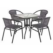 Flash Furniture Square Metal Table, Sqr w/Rattan Chairs, Gray, 28", 28 W, 28 L, 28 H, Clear TLH-073SQ-037GY4-GG