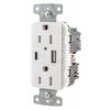 Hubbell USB Charger Receptacle, 15 Amps, 125V AC, Flush Mount, Decorator Duplex Outlet, 5-15R, White USB15AC5W