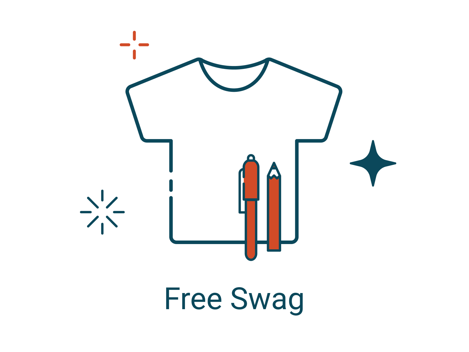 Illustration of a t-shirt, pen, and pencil with the words "Free Swag" underneath.
