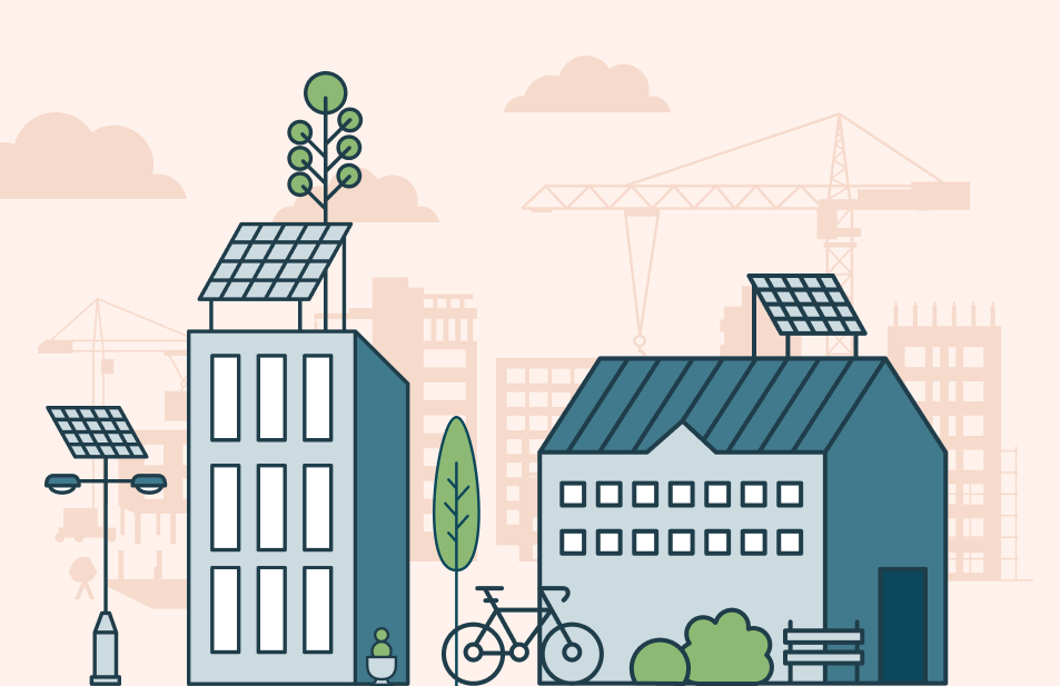 Illustration of 2 buildings surrounded by "green" initiatives such as solar panels, rooftop gardens, bicycles, and trees.