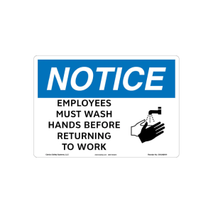 image of sign that says NOTICE: EMPLOYEES MUST WASH HANDS BEFORE RETURNING TO WORK